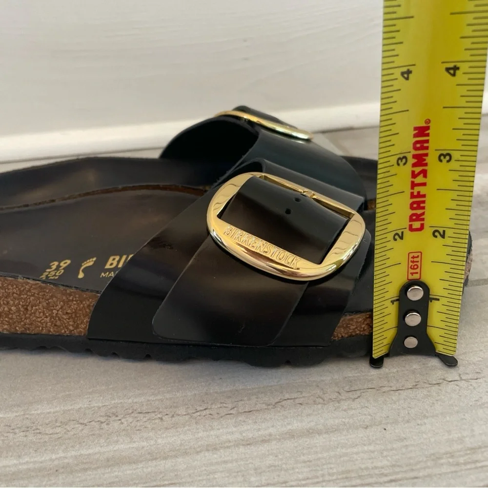 Birkenstock Madrid High Shine Big Buckle Black Slide Sandal Gold Size 39/US 8 - Picture 12 of 12